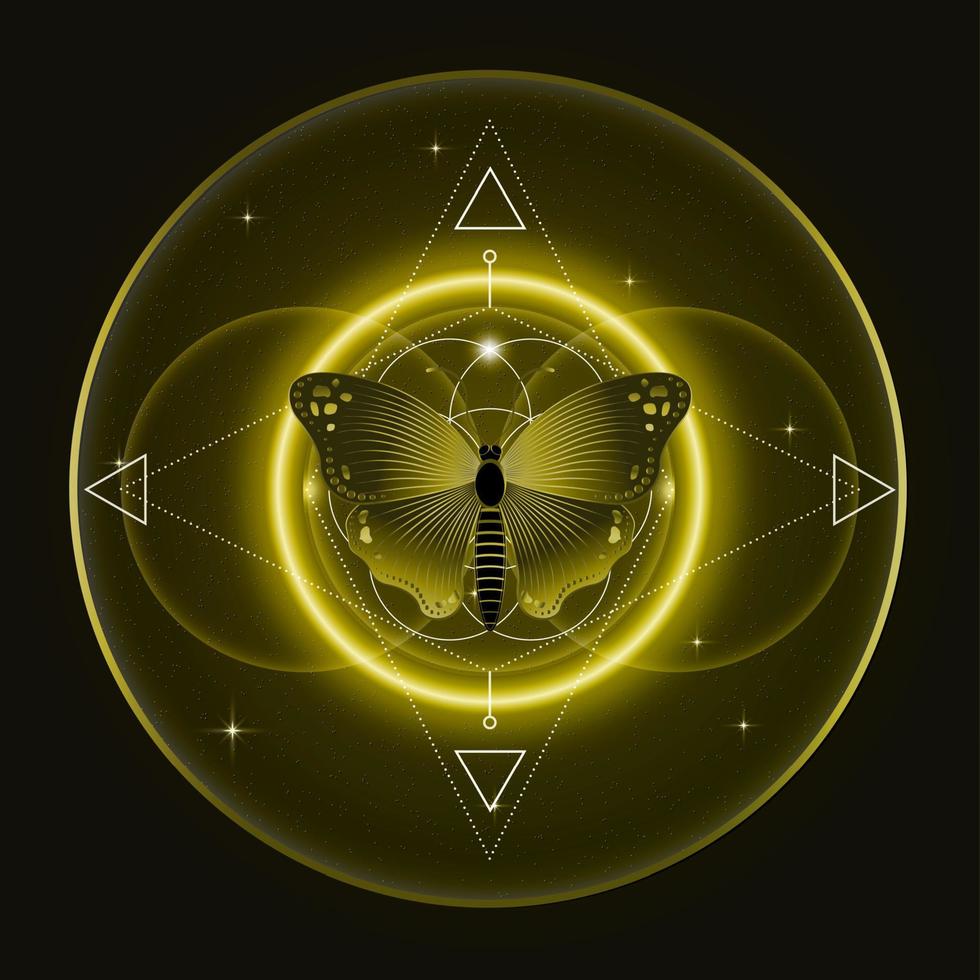 fjäril över mandala, helig geometri, logotyp symbol för harmoni och balans, glödande psykedelisk neon. vintage geometrisk prydnad, yoga slappna av, andlighet, vektor stjärnklar svart bakgrund