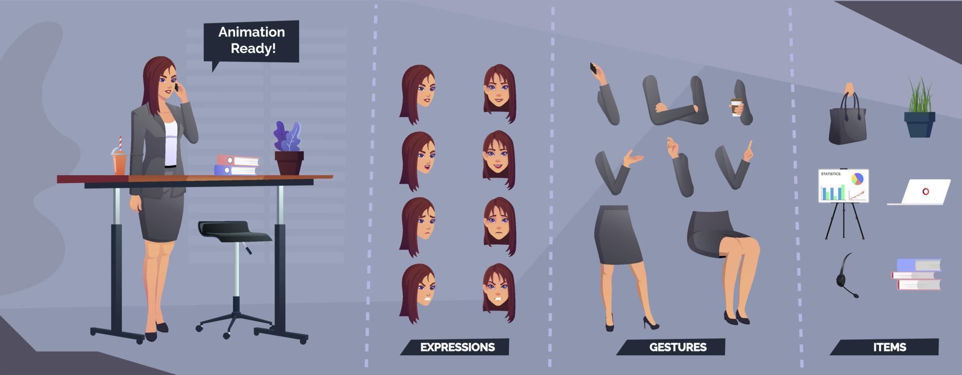 teckenuppsättning för animation med känslor och poser kvinna som bär grå kostym premium vektor