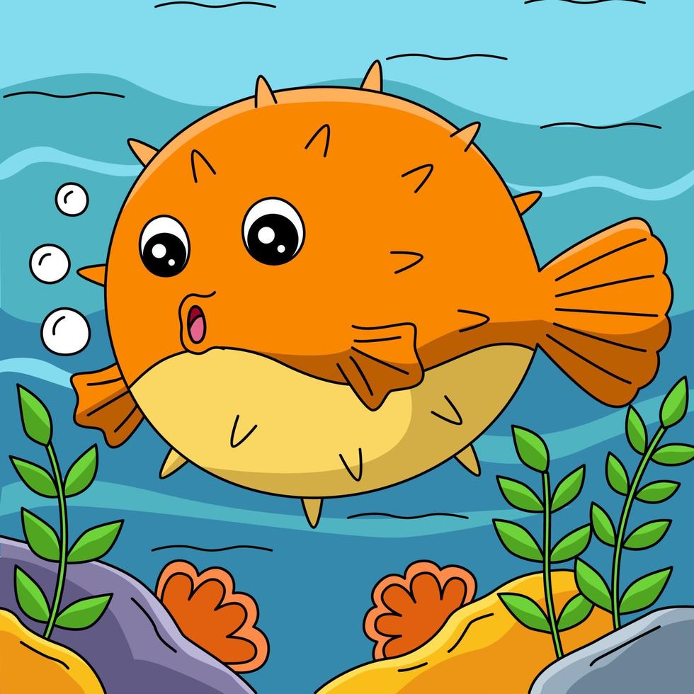 pufferfish i havet tecknad färgad illustration vektor