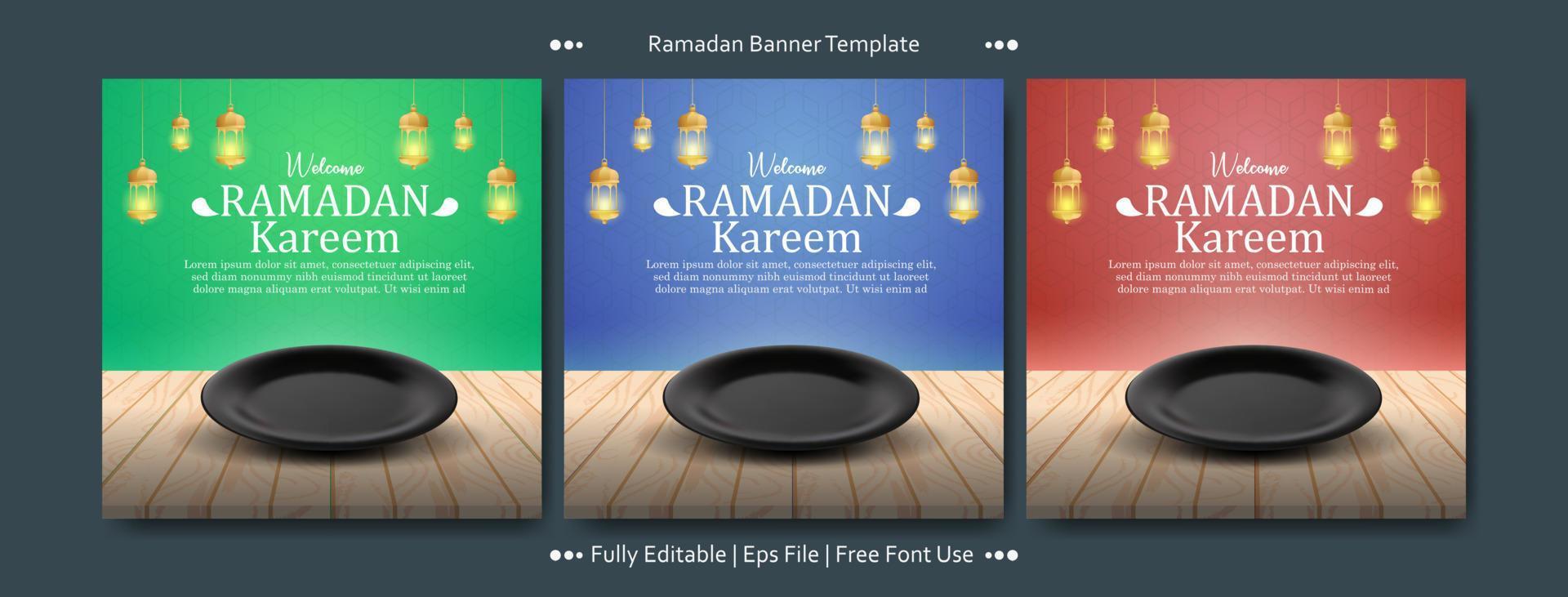 ramadan kareem med tom tallrik fyrkantig banner mall samling vektor