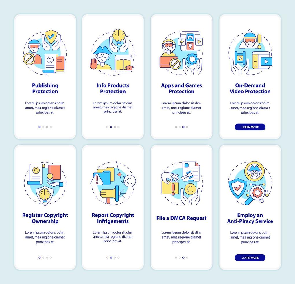 geistiges eigentumsrecht beim onboarding der mobilen app-seiten-bildschirmgruppe. Komplettlösung für urheberrechtlich geschützte Werke 4 Schritte grafische Anweisungen mit Konzepten. ui, ux, gui-vektorvorlage mit linearen farbillustrationen vektor