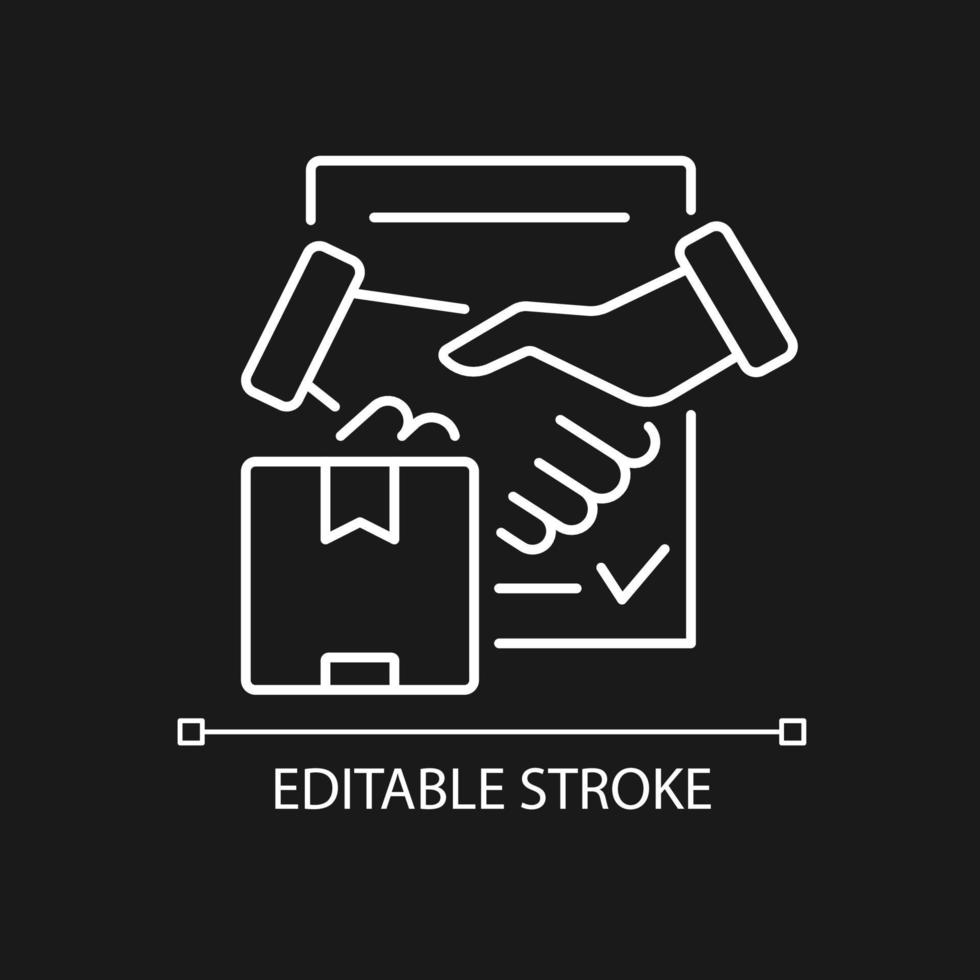 Liefervertrag weißes lineares Symbol für dunkles Thema. Internationales Handelsabkommen, Geschäftspapier. dünne linie anpassbare illustration. isoliertes Vektorkontursymbol für den Nachtmodus. editierbarer Strich vektor