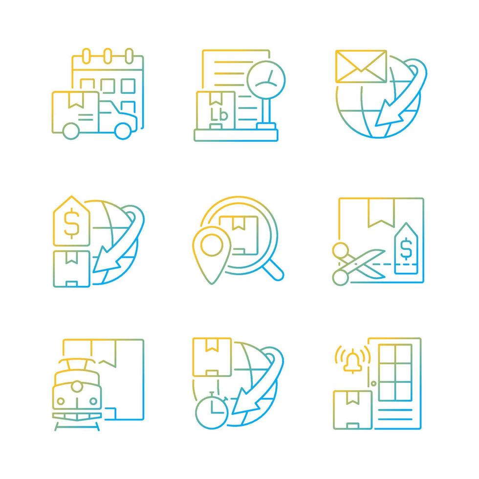 weltweiter versand professioneller servicegradient lineare vektorsymbole gesetzt. garantierte Lieferung von Bestellungen. Ladungsschutz. dünne Linienkontursymbole bündeln. Sammlung von isolierten Umrissillustrationen vektor