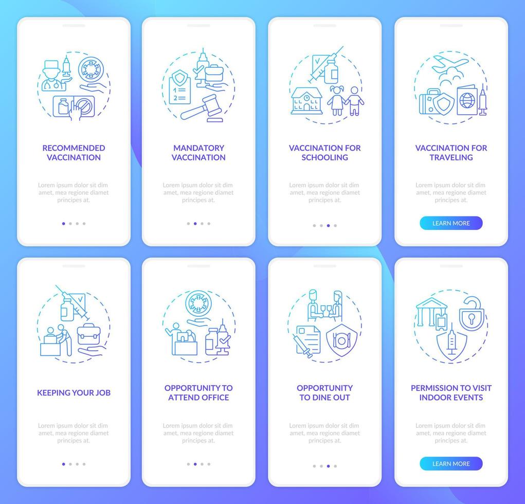 personer med vaccin kommer med en skärmuppsättning för mobilappar. tillstånd att besöka event genomgång 4 steg grafiska instruktioner med koncept. ui, ux, gui vektormall med linjära färgillustrationer vektor