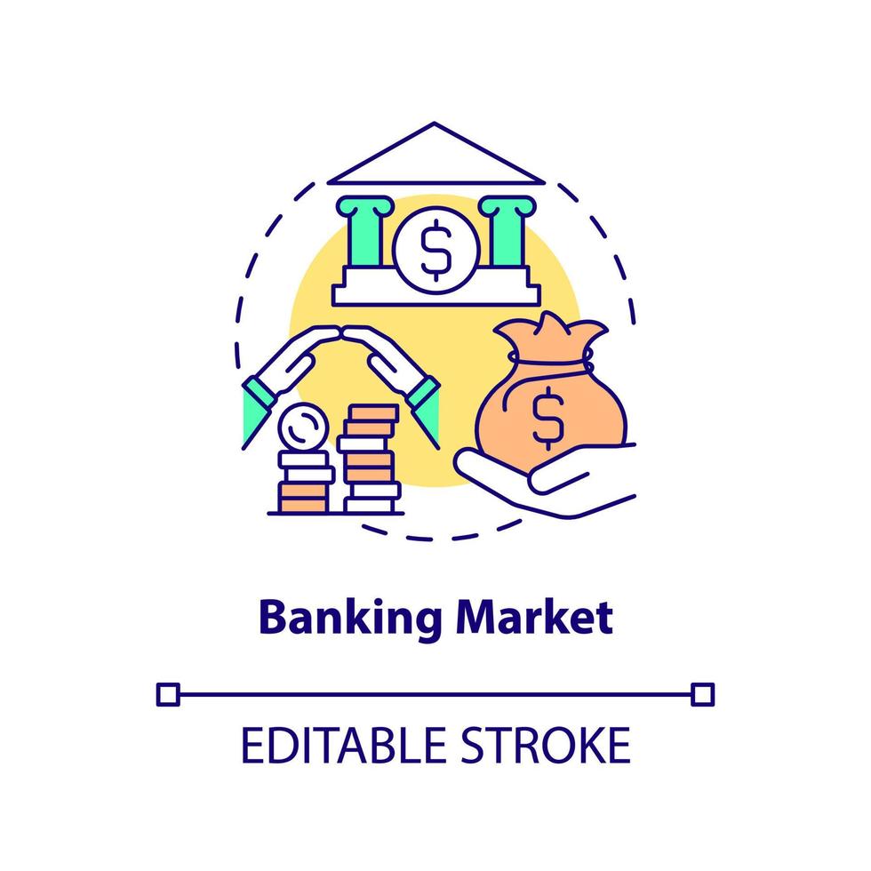 Symbol für das Konzept des Bankenmarktes. Kredite vergeben. Eröffnungsdepot. finanzielle Unterstützung. bankdienstleistungen abstrakte idee dünne linie illustration. Vektor isolierte Umrissfarbe Zeichnung. editierbarer Strich