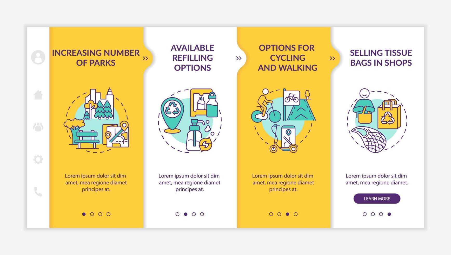 Reduzierung der städtischen Umweltverschmutzung beim Onboarding von Vektorvorlagen. Responsive mobile Website mit Symbolen. Webseiten-Komplettlösung 4-Schritt-Bildschirme. optionen für radfahren und wandern farbkonzept mit linearen illustrationen vektor