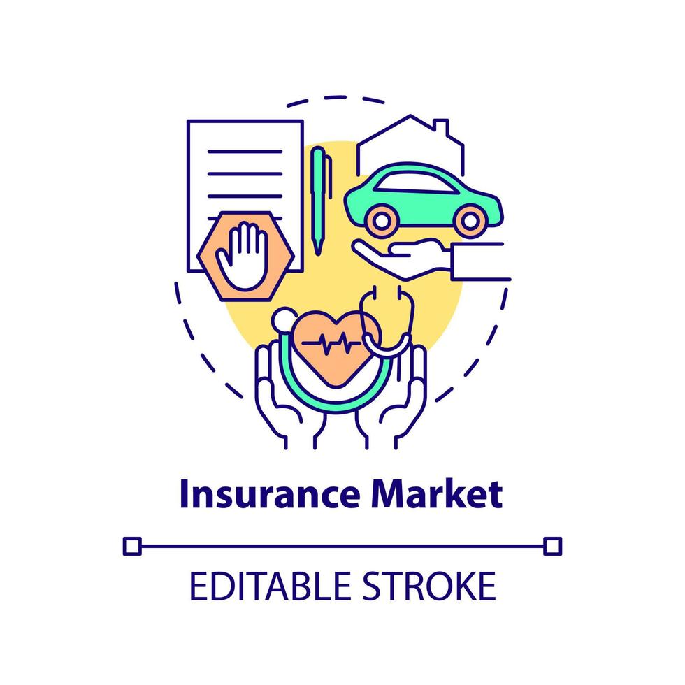försäkringsmarknaden koncept ikon. liv, fordon, fastigheter, hälsoskydd. ekonomiskt skydd abstrakt idé tunn linje illustration. vektor isolerade kontur färgritning. redigerbar linje