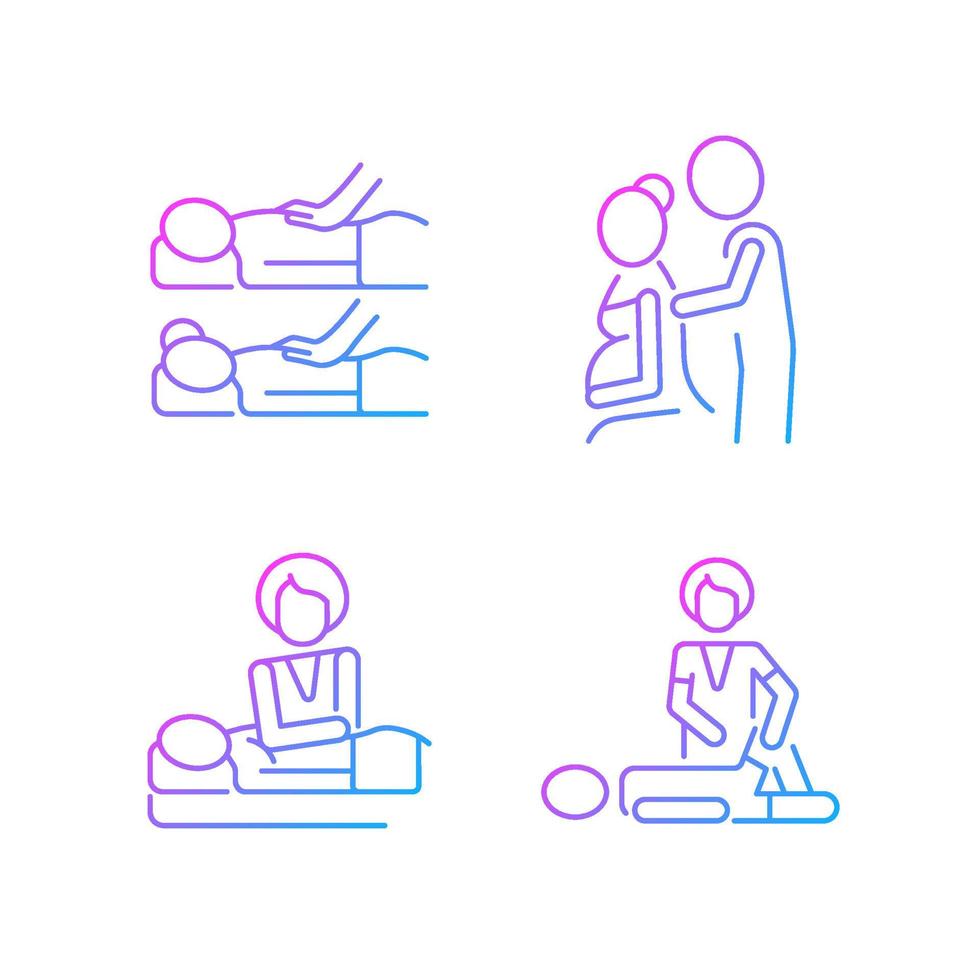 lineare Vektorsymbole mit entspannendem Spa-Erlebnis. stärken die Bindung in der Beziehung. pränatale Massagetherapie. dünne Linienkontursymbole bündeln. Sammlung von isolierten Umrissillustrationen vektor