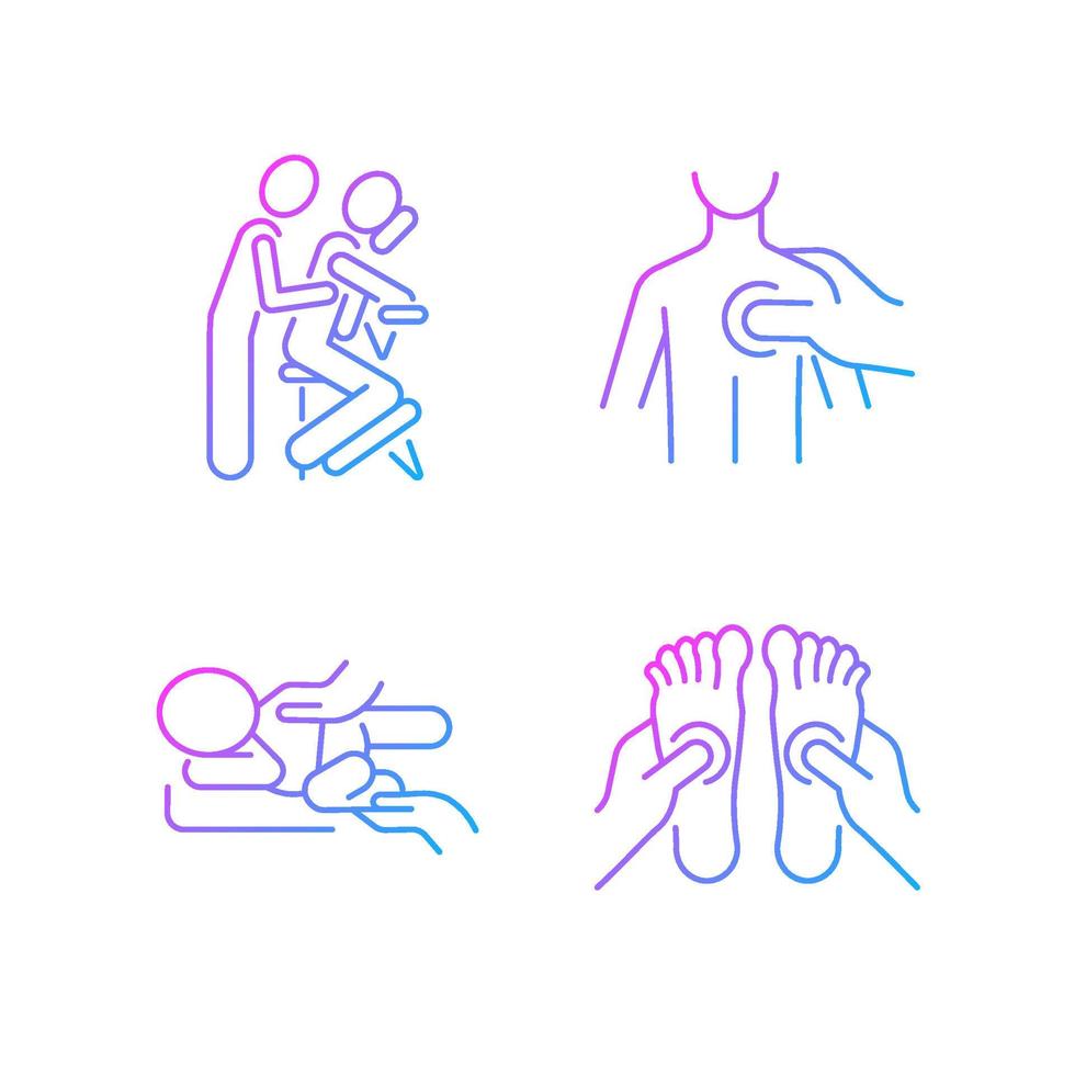 massage terapi tekniker gradient linjär vektor ikoner set. trycka på triggerpunkter. behandling av nyfödd kolik. tunn linje kontur symboler bunt. isolerade kontur illustrationer samling