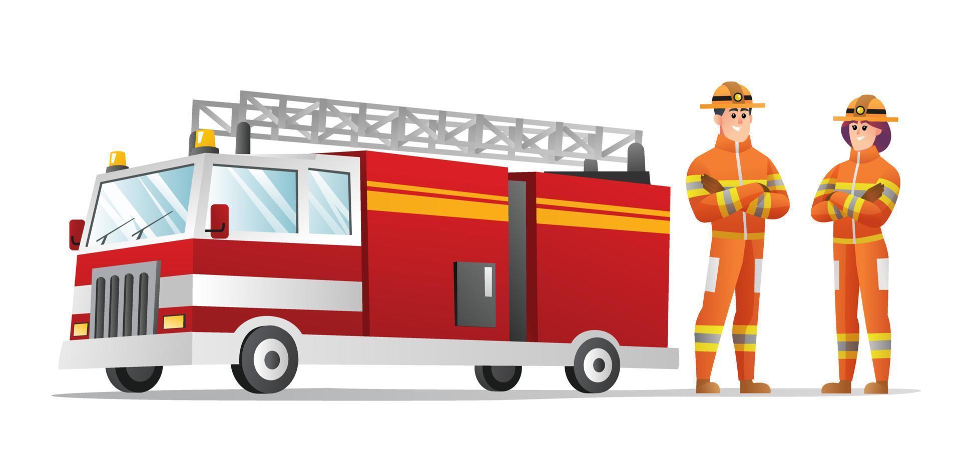 männliche und weibliche feuerwehrfiguren mit löschfahrzeugillustration vektor