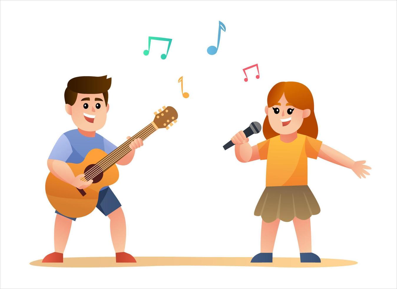 söt pojke spelar gitarr och flicka sjunger tecknad serie vektor
