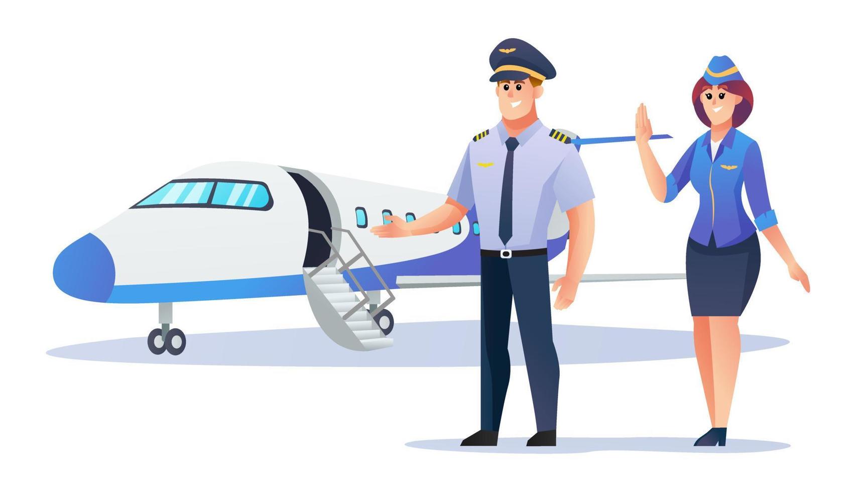 pilot och flygvärdinna med flygplan tecknad illustration vektor