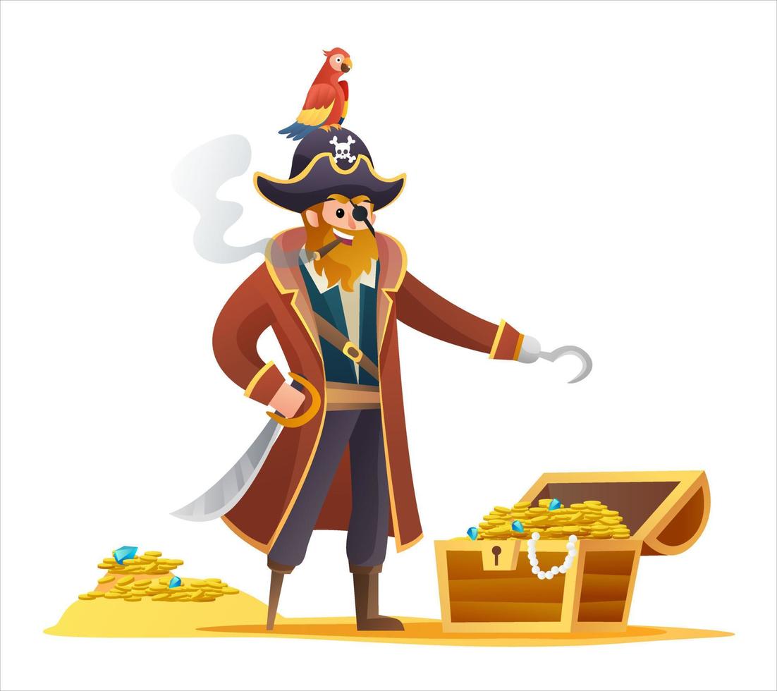 pirat karaktär som håller svärd med papegoja och skattkista seriefigur vektor