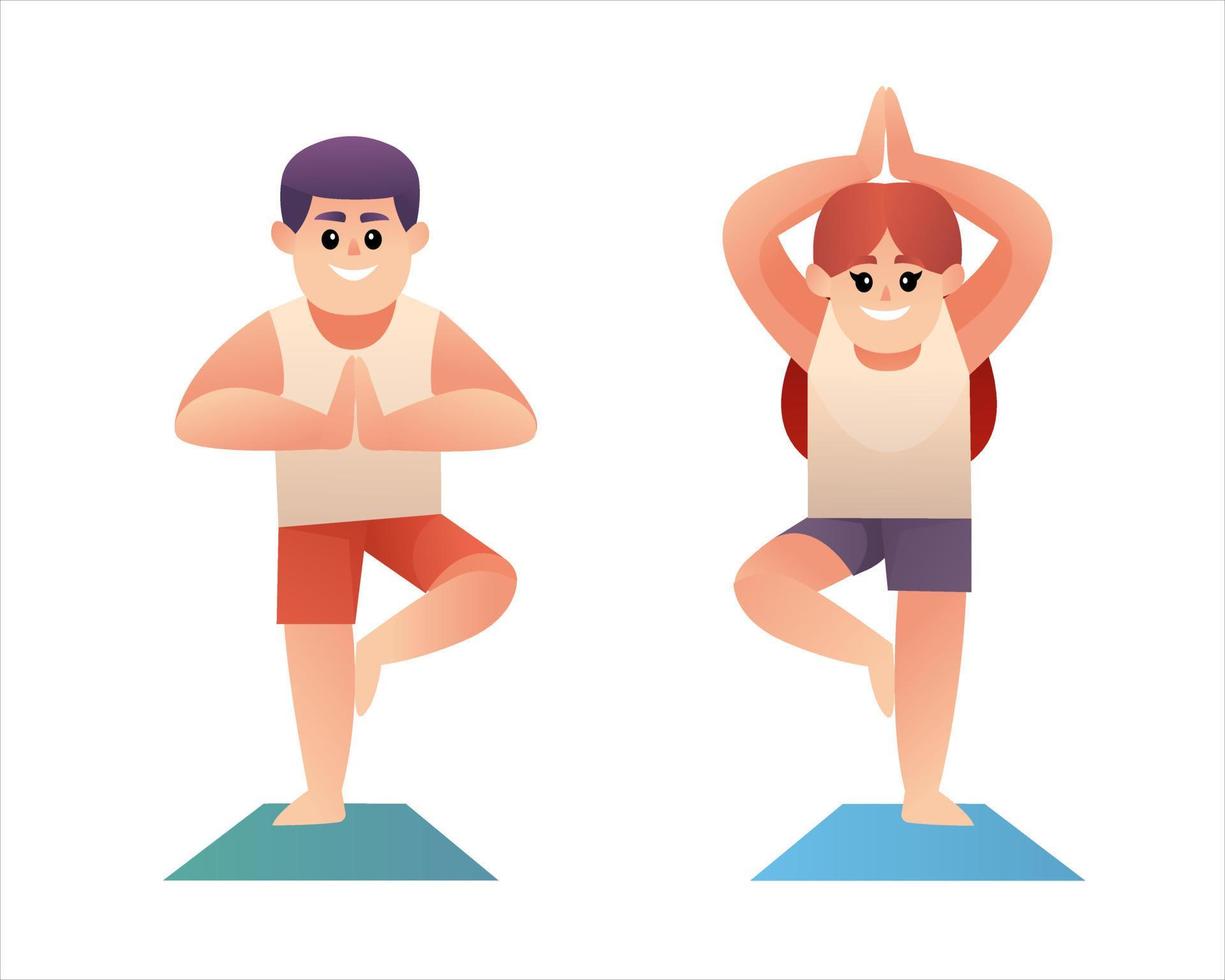 süßer junge und mädchen, die yoga-vektorillustration machen vektor