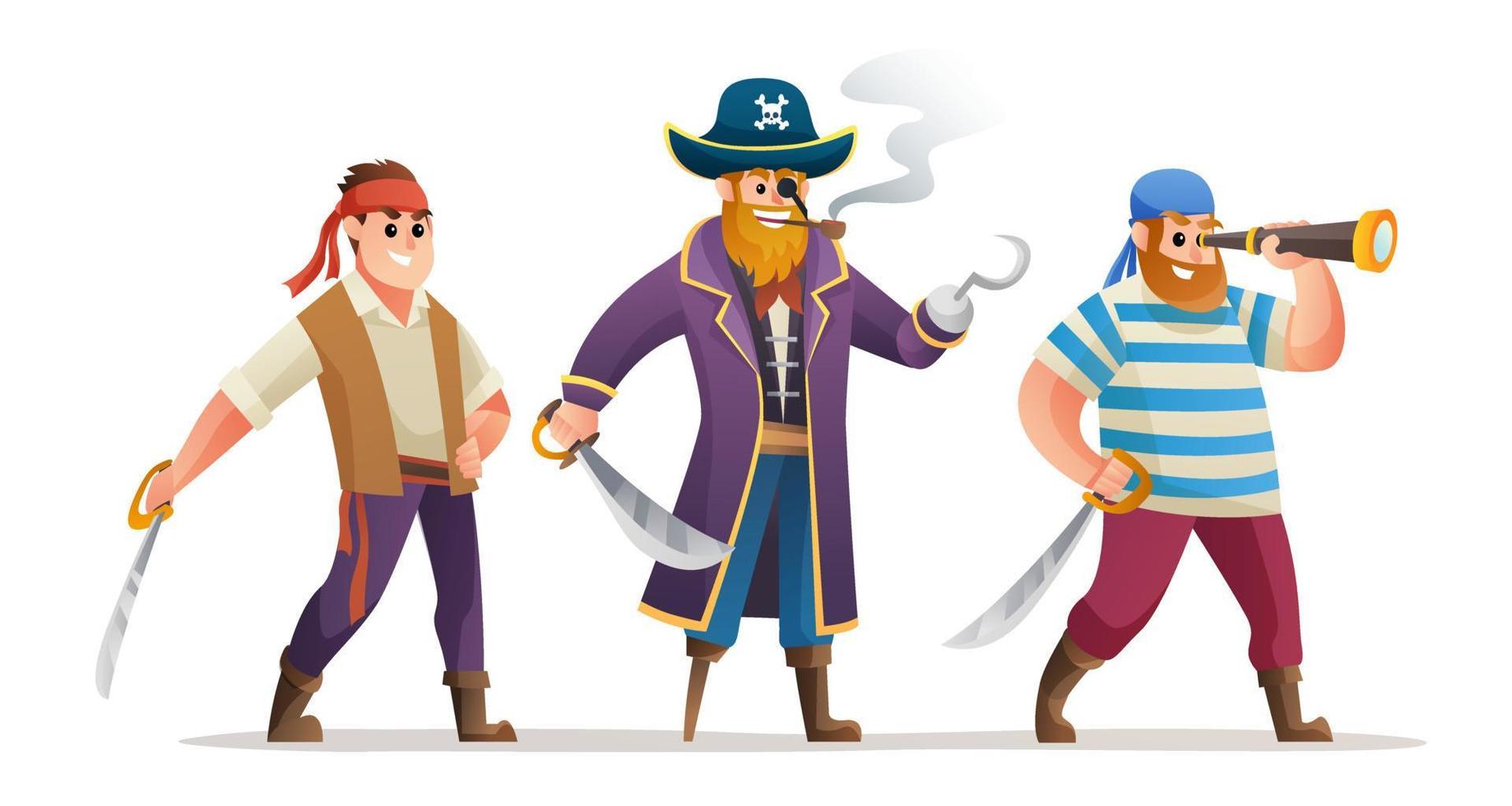 zeichentrickfigurensatz aus piratenkapitän und soldaten, die schwert halten vektor