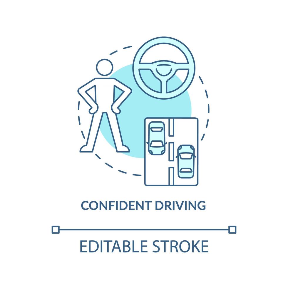 selbstbewusstes fahrendes blaues Konzeptsymbol. Fahrschule Ergebnis abstrakte Idee dünne Linie Illustration. lernen und üben. erfahrener Fahrer. Vektor isolierte Umrissfarbe Zeichnung. editierbarer Strich