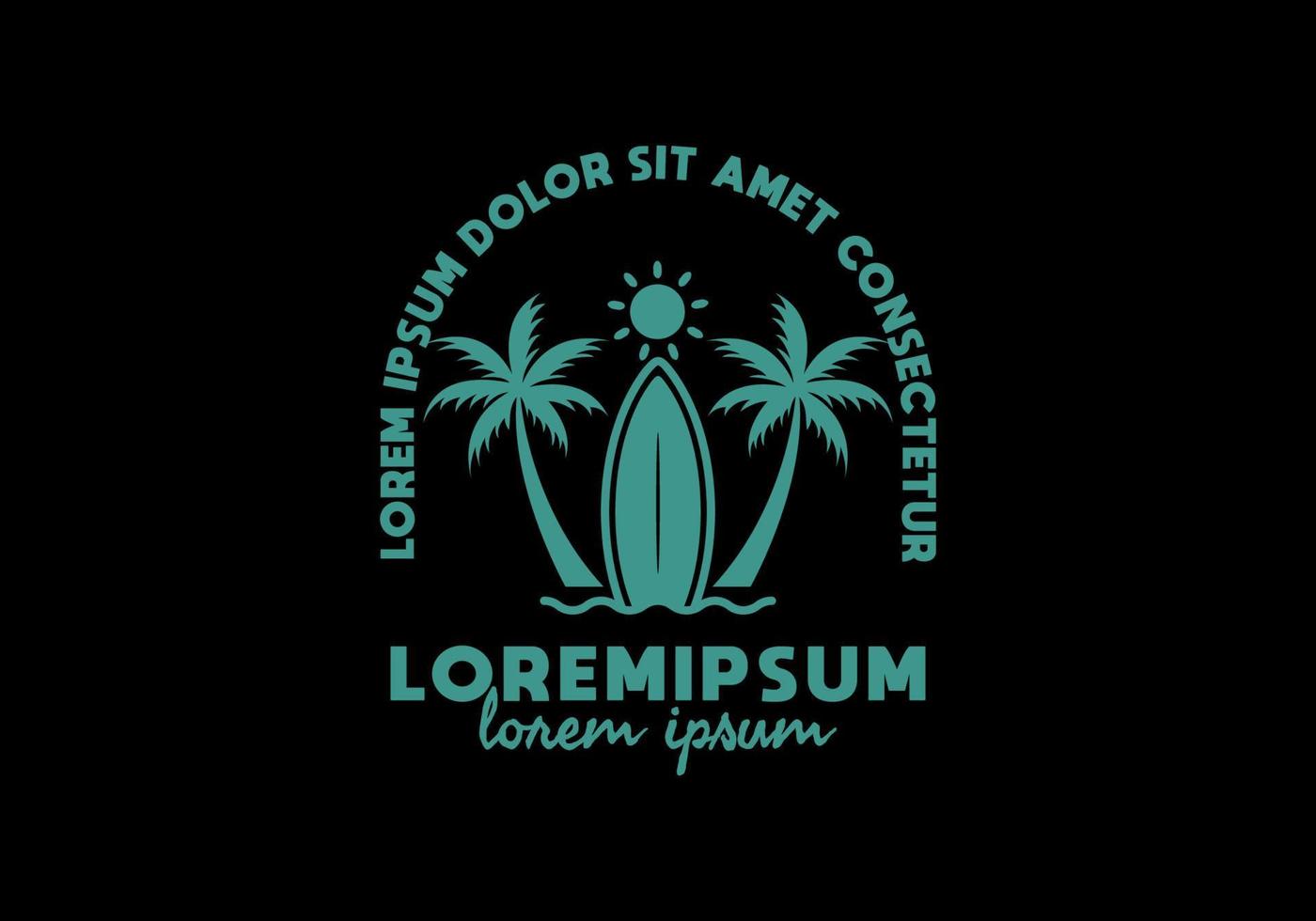 blå färg på surfbräda och coconut tree line art illustration med lorem ipsum text vektor