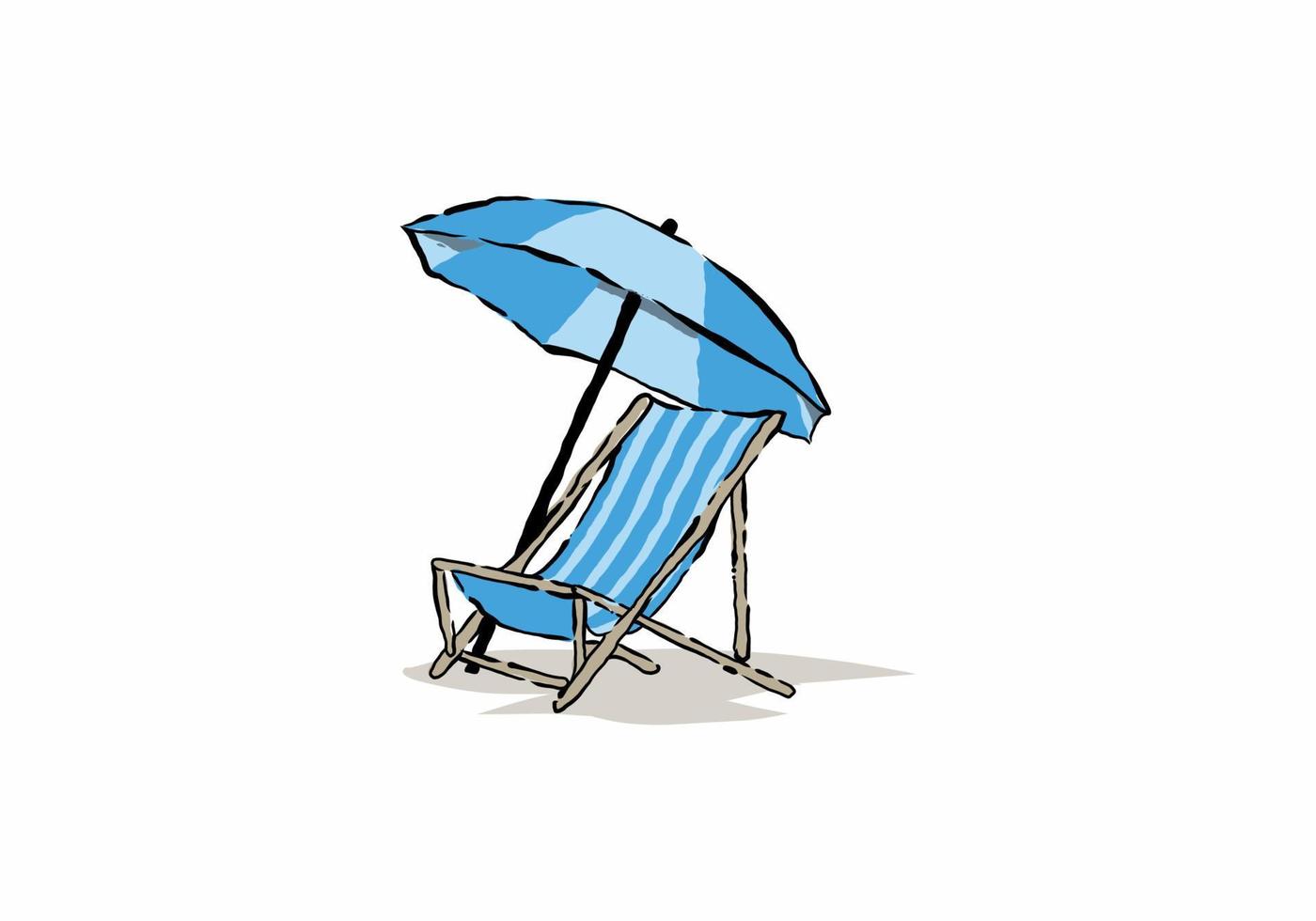 blaue Illustrationszeichnung von Liegestuhl und Sonnenschirm vektor