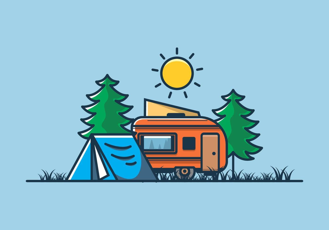 campingbil och tält mellan tallar illustration vektor