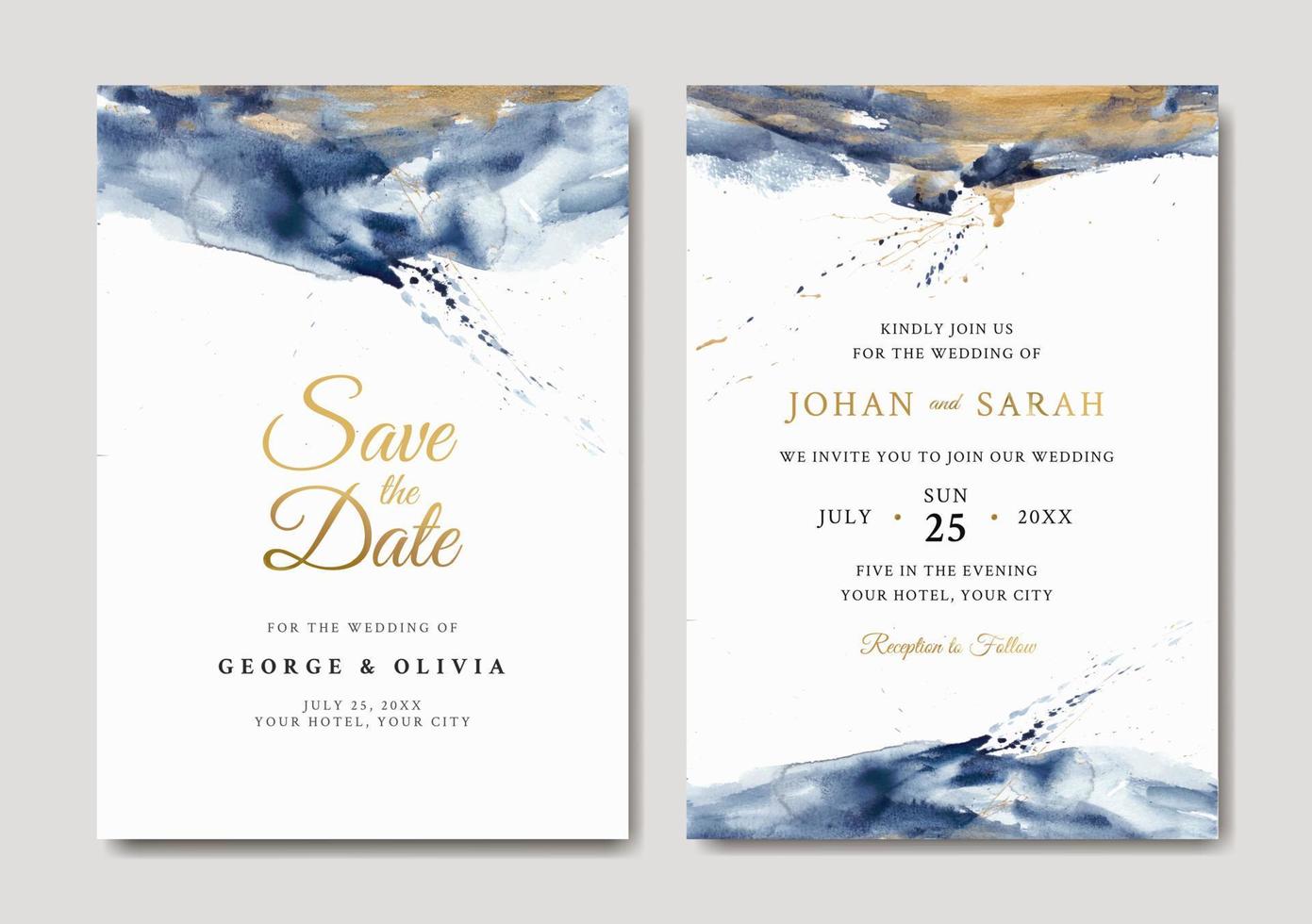 bröllopsinbjudan av blått och guld abstrakt akvarell vektor