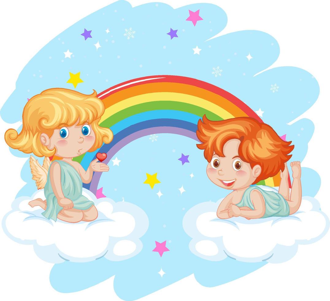 Engel Junge und Mädchen mit Regenbogen am Himmel vektor