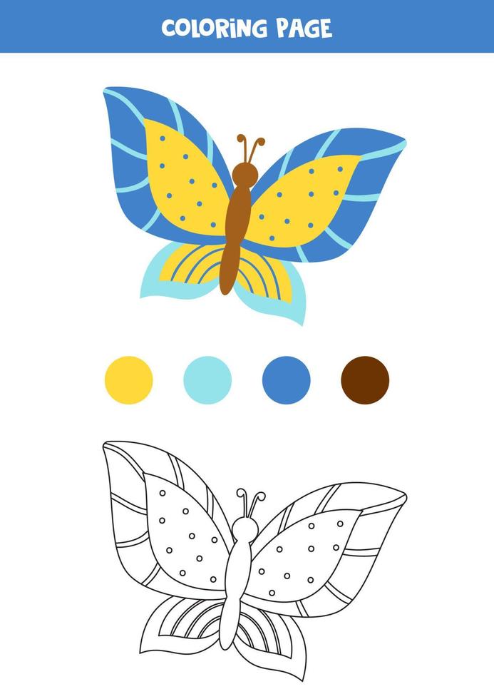 Farbe niedlichen Cartoon-Schmetterling. Arbeitsblatt für Kinder. vektor