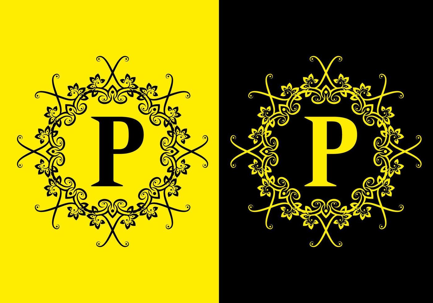 schwarz gelb von p anfangsbuchstabe im klassischen rahmen vektor