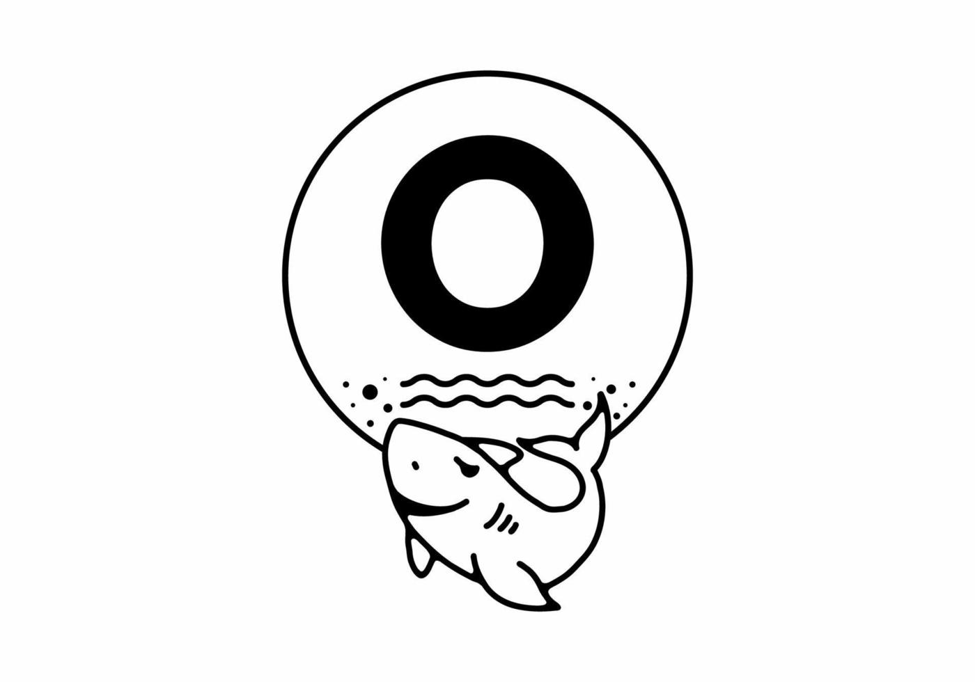 schwarze linie kunstillustration des hais mit o-anfangsbuchstaben vektor