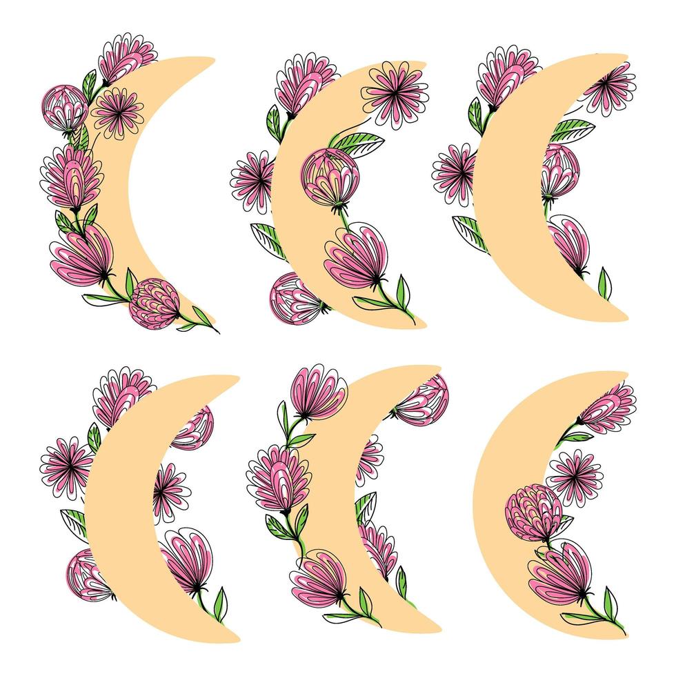 månen med blommor, handritade doodle-stil element. fantasiblommor. våren, designelement. vår. vektor