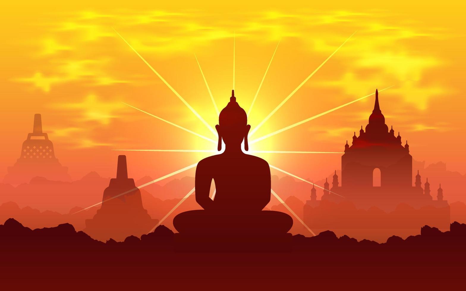 vesak-tageshintergrund-vektorillustration mit tempel und glänzender lord buddha-silhouette. feier vesak tag design. vektor