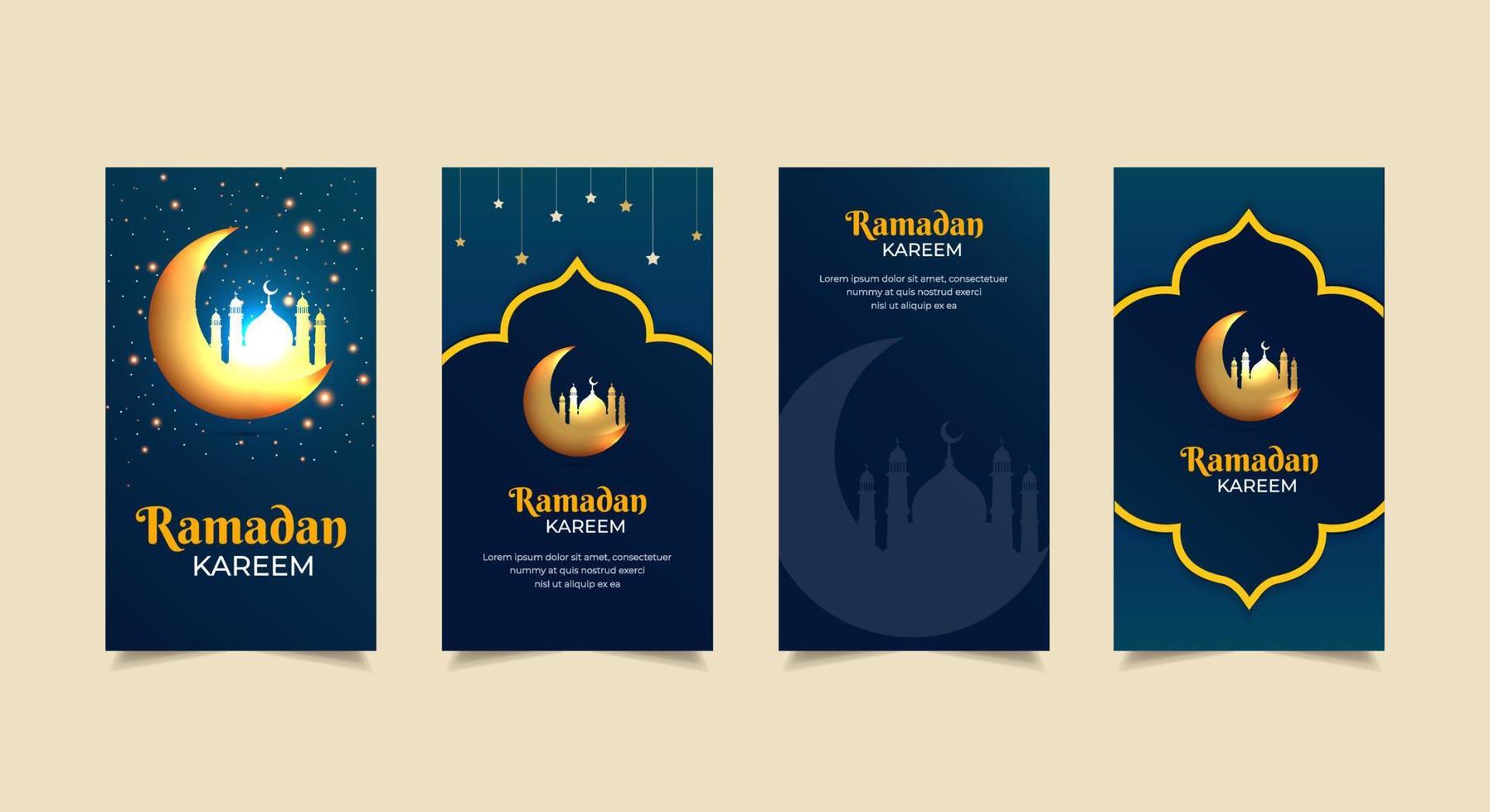 glücklicher ramadan kareem hintergrund mit goldenem halbmond und moscheensilhouette. Ramadhan Kareem Design-Geschichten-Sammlung. Ramadhan Kareem-Vorlagengeschichten, die für Werbung, Marketing usw. geeignet sind. vektor