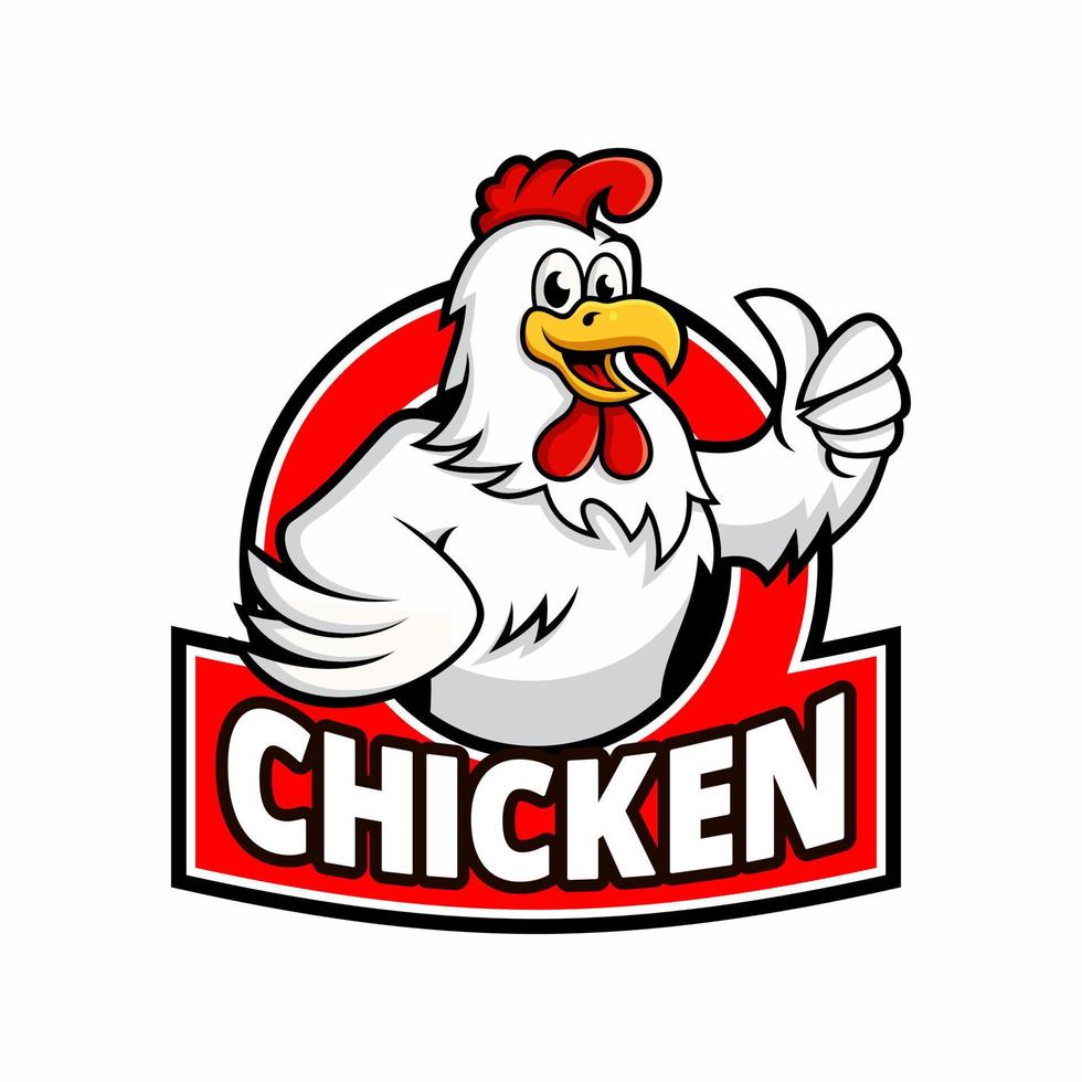kyckling logotyp seriefigur. en rolig tecknad tuppkyckling som ger tummen upp. vektor logotyp illustration