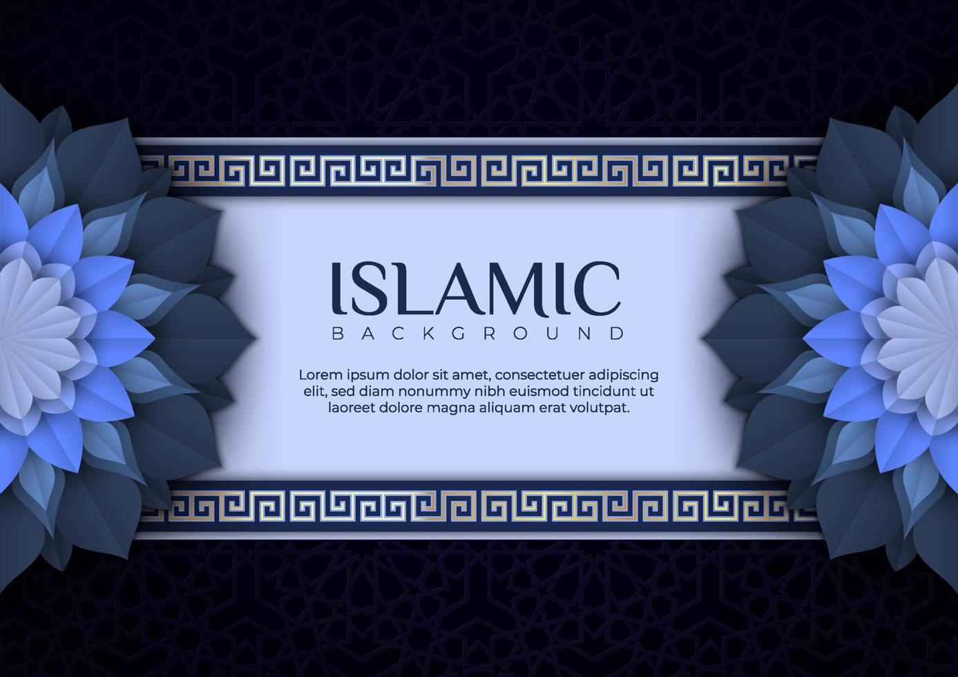 islamischer grußkartenhintergrund und blumendekoration. schöne bannerillustration mit arabischer verzierung auf der blauen farbe. geeignet für islamische feiervorlagen. vektor