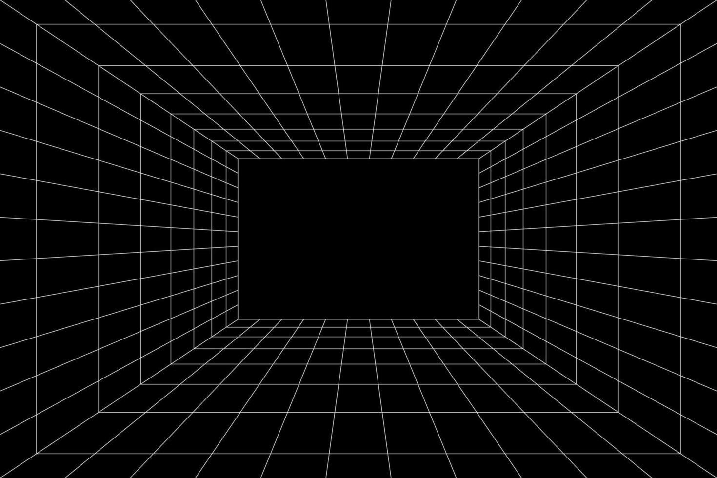 Rasterraum in Perspektive, Vektordarstellung im 3D-Stil. Innendrahtgitter aus weißen Linien, Vorlageninnenquadrat, digitale leere Box. abstrakter geometrischer Designhintergrund vektor