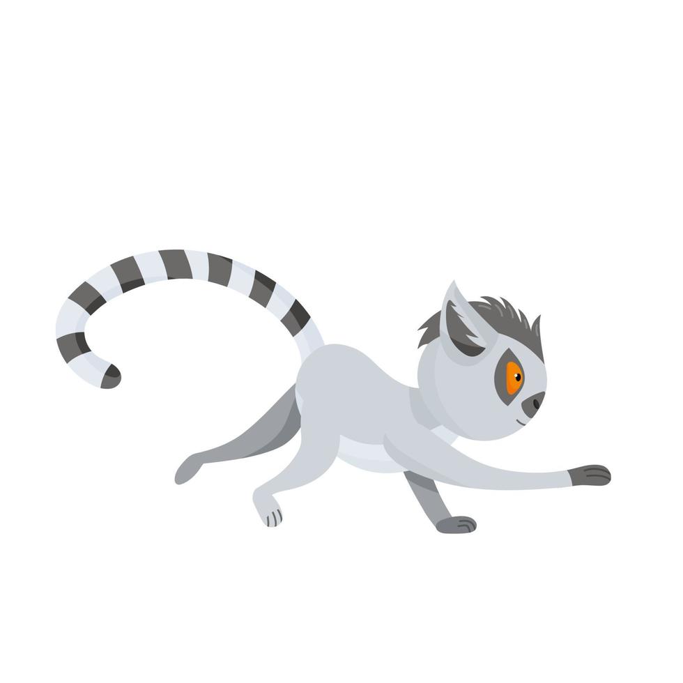 rolig grå lemur springer snabbt och sträcker sig framåt. de fluffiga randiga svanskurvorna. söt baby djur i tecknad stil. vektor illustration, isolerade färgelement på en vit bakgrund