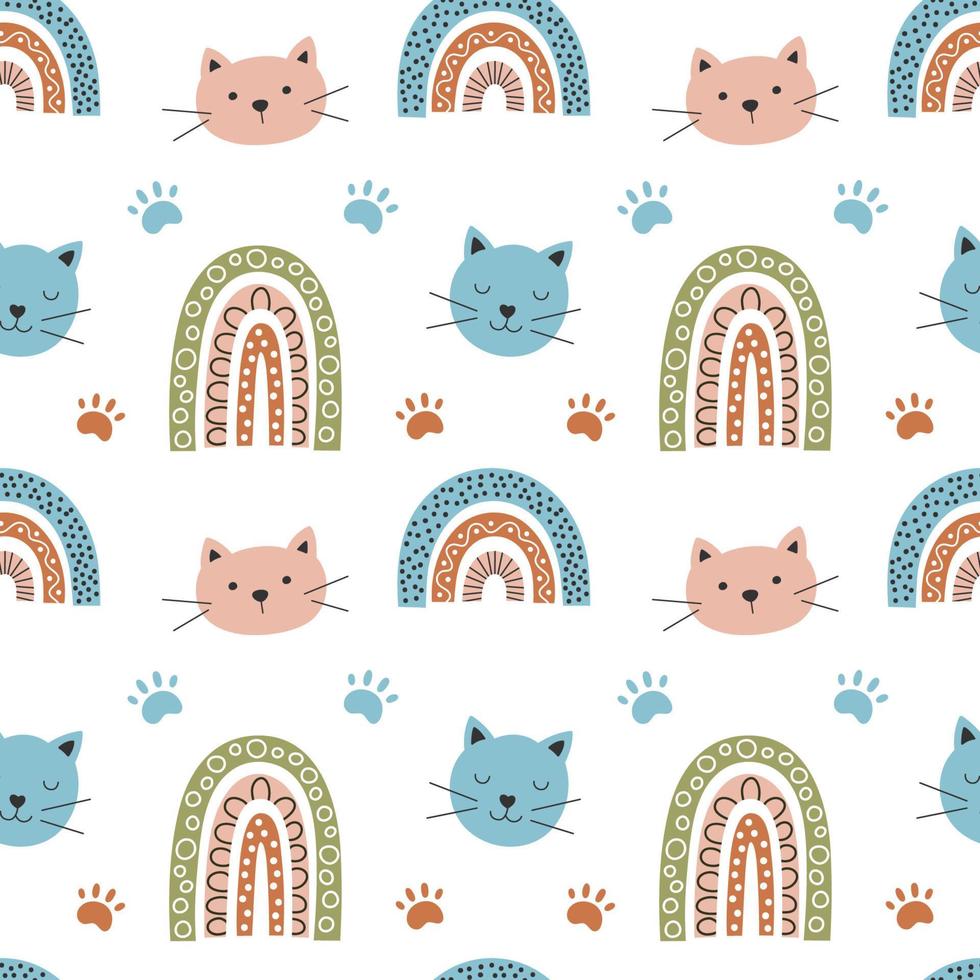 regenbogen und katze nahtlose mustervektorillustration, niedliches muster auf bogen im boho-stil. skandinavisches Design für Babydruck. Regenbogen und Kätzchen in trendiger Farbe vektor