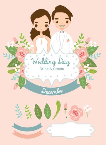 niedliche Braut und Bräutigam und Elemente für Hochzeitseinladungskarte vektor
