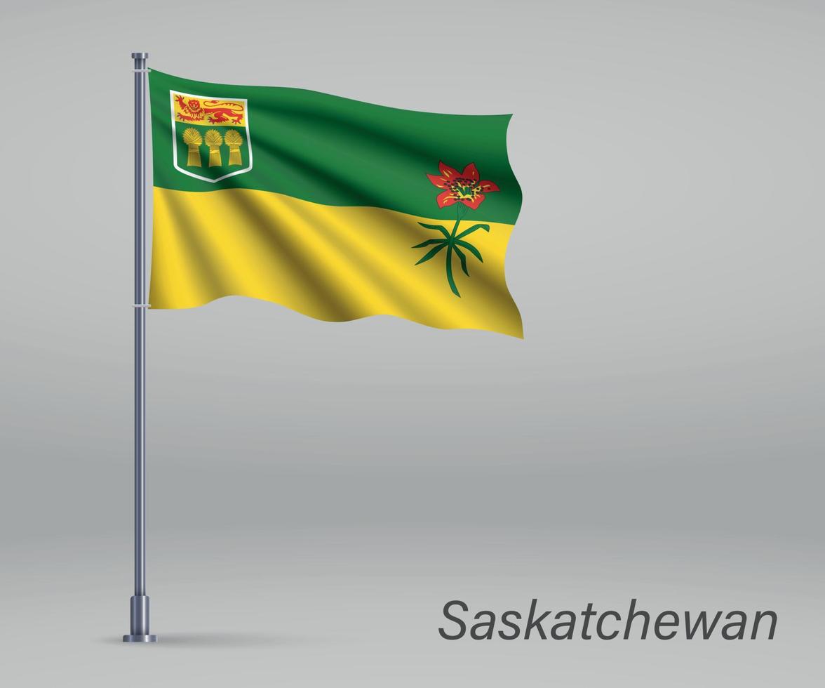 Wehende Flagge von Saskatchewan - Provinz Kanada am Fahnenmast. te vektor
