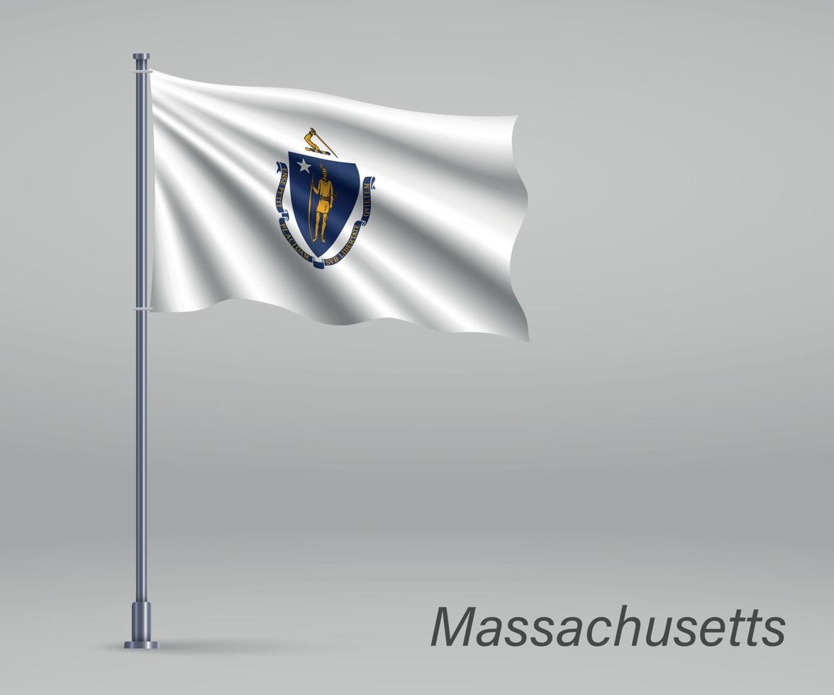 schwenkende flagge von massachusetts - staat der vereinigten staaten auf flagpol vektor