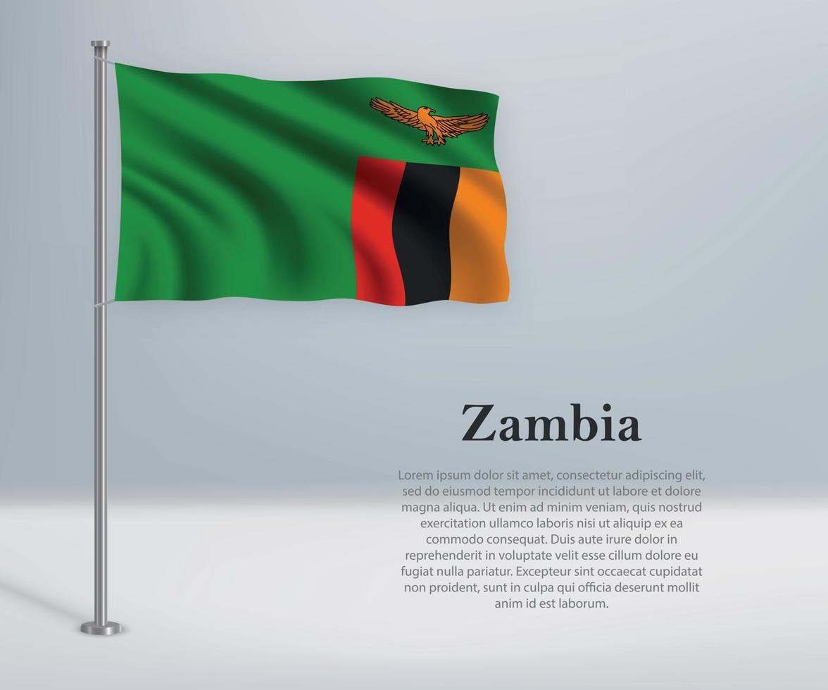 viftande zambias flagga på flaggstången. mall för självständighetsdagen vektor