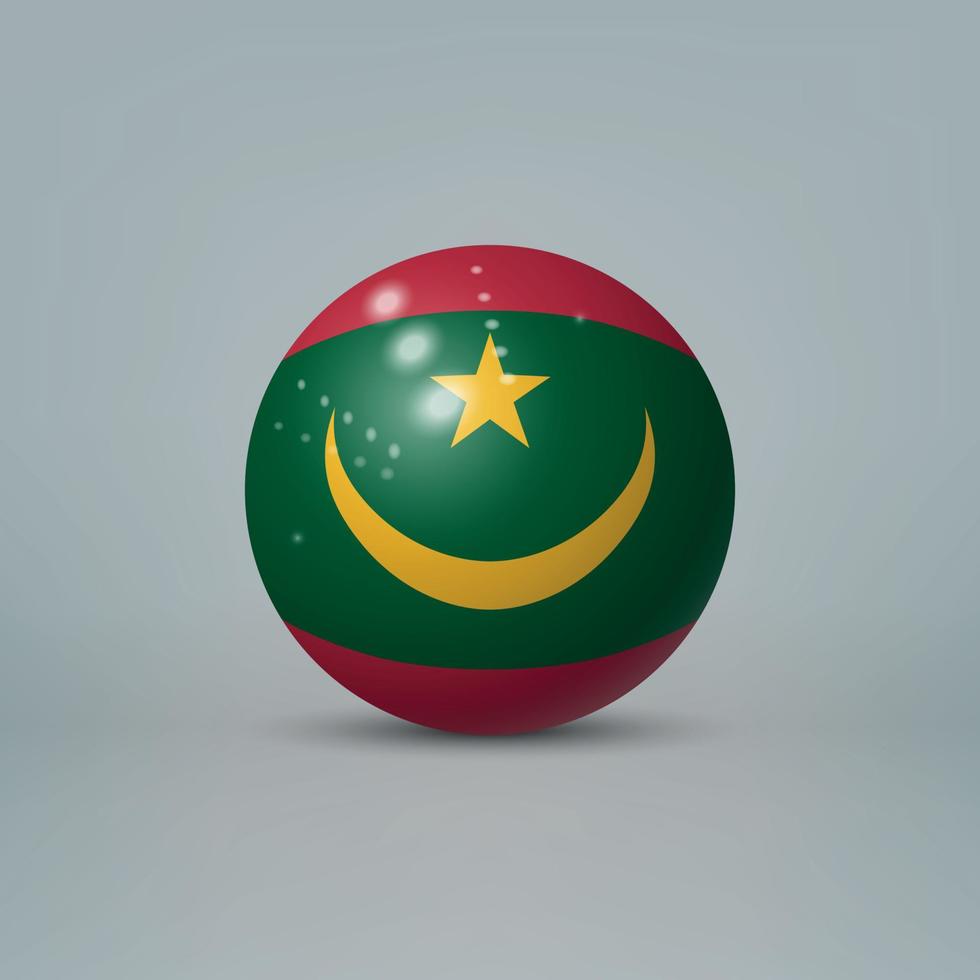 3D realistisk glänsande plastkula eller sfär med mauritans flagga vektor