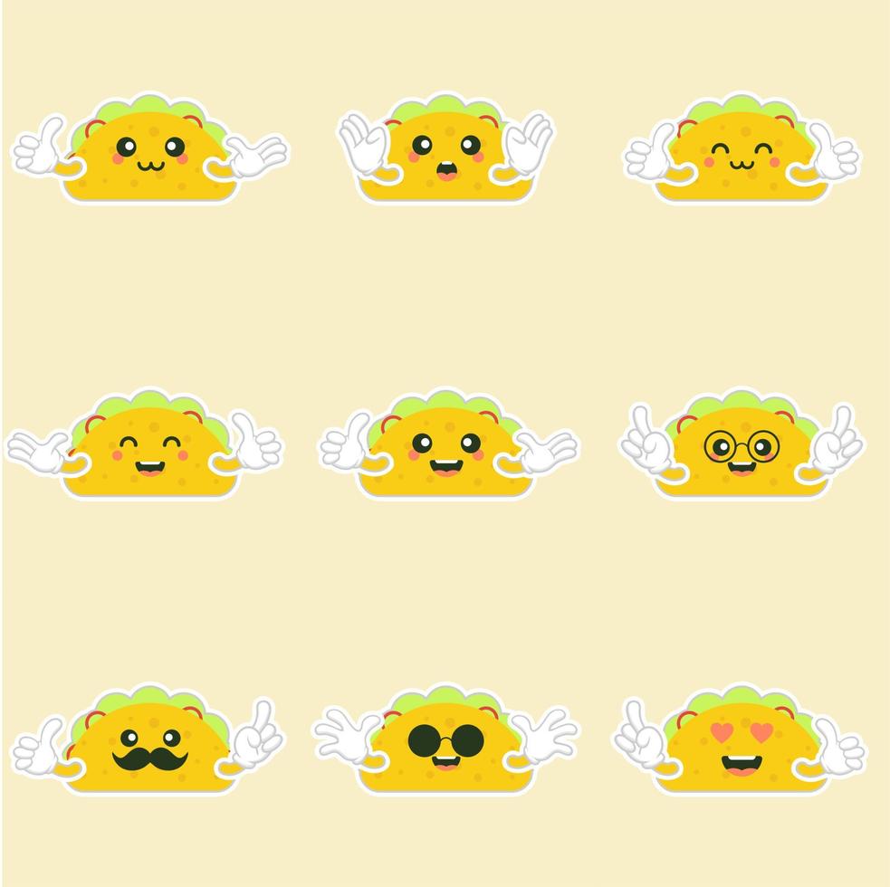 süße und kawaii leckere tacos mit rind oder huhn, fleischsoße, grünem salat und roter tomate. Taco für Restaurant- oder Café-Event-Design. mexikanische Nahrung vektor