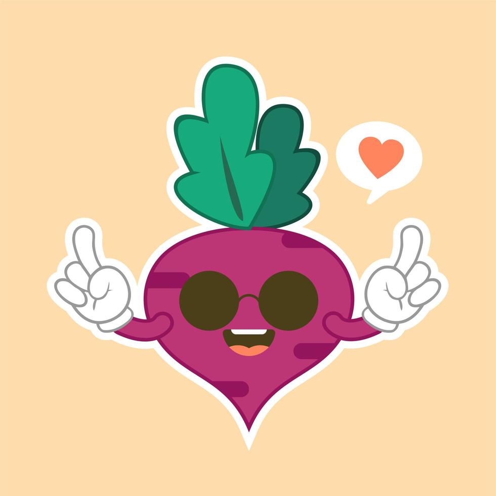 Rote-Bete-Charakter flaches Design. isolierte Cartoon lila Rote Beete mit kawaii Gesicht auf farbigem Hintergrund. buntes, freundliches lila Rübengemüse. süßes Design für vegetarisches, veganes Produkt. vektor