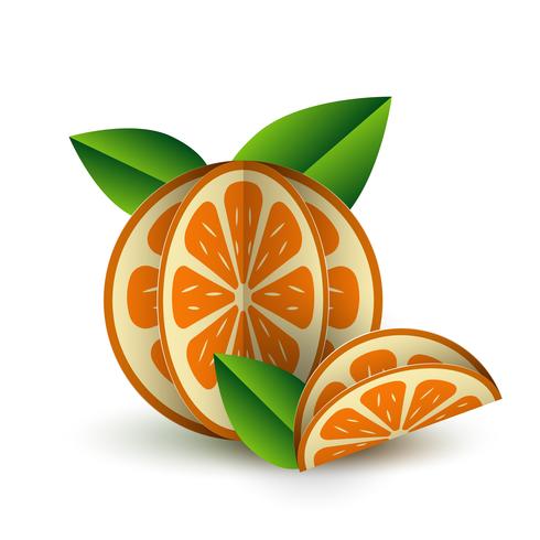 Papierschnitt der exotischen Frucht des tropischen Sommers des Vektors volumetrisch. Origami. Isolierte Farbe Objekt auf weißem Hintergrund. Orangen-Zitrusfrucht-Orangen-Mandarine und Scheibe vektor