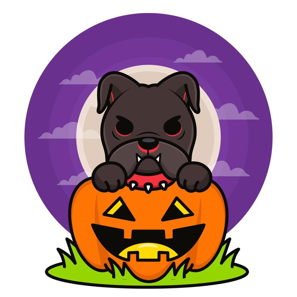 halloween-illustration mit niedlicher schwarzer bulldogge vektor