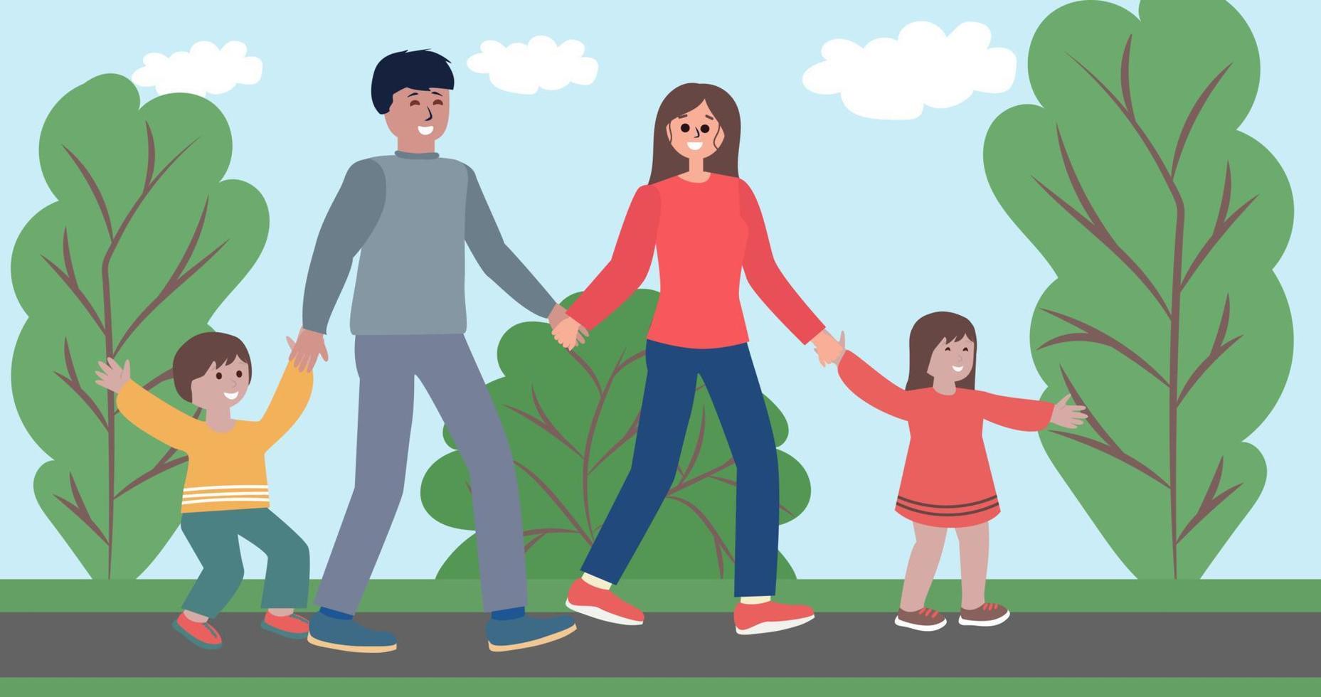 lycklig familj promenader utomhus vektor platt illustration.