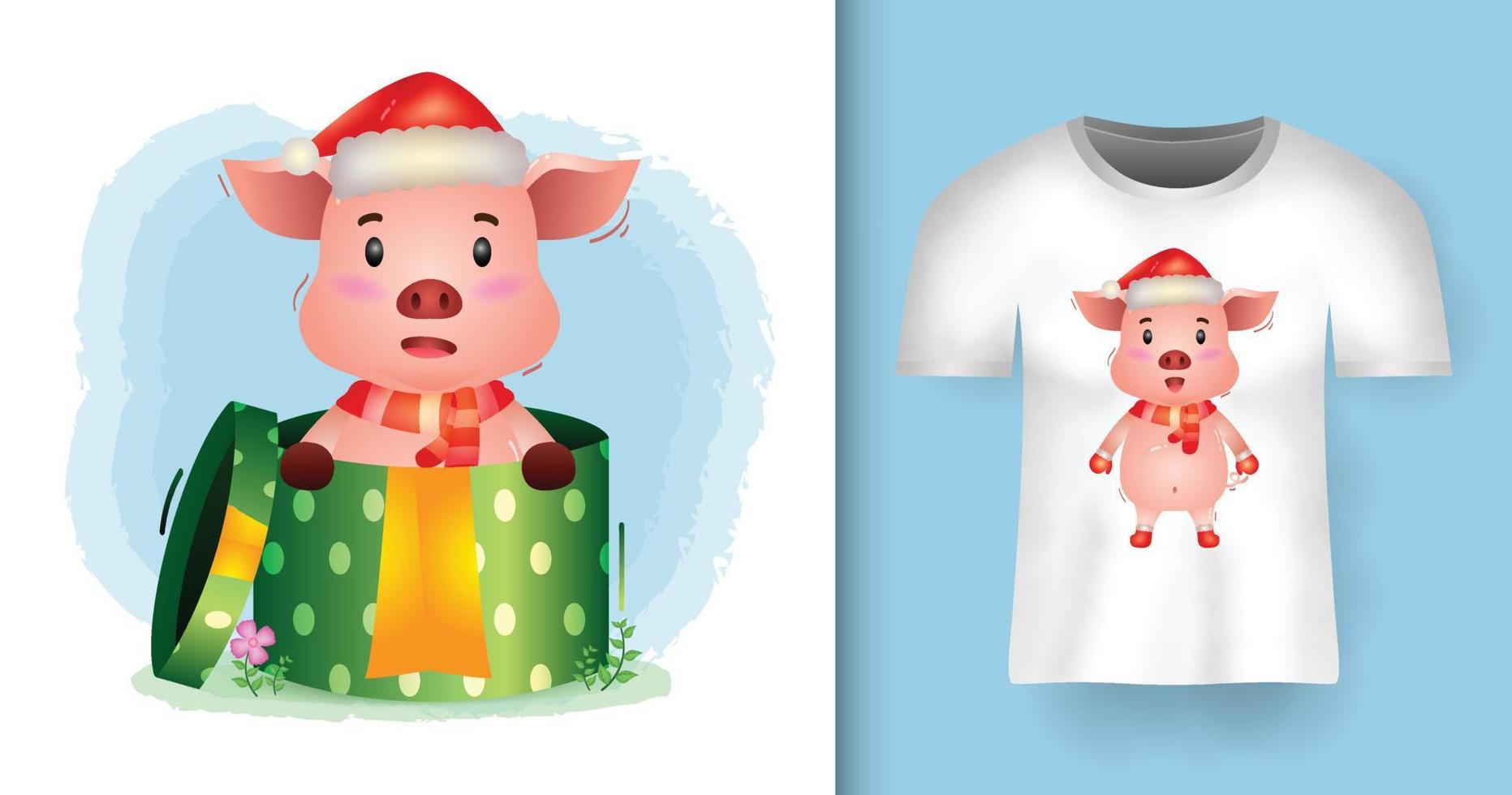 süße schweineweihnachtsfiguren mit weihnachtsmütze und schal in der geschenkbox mit t-shirt design vektor