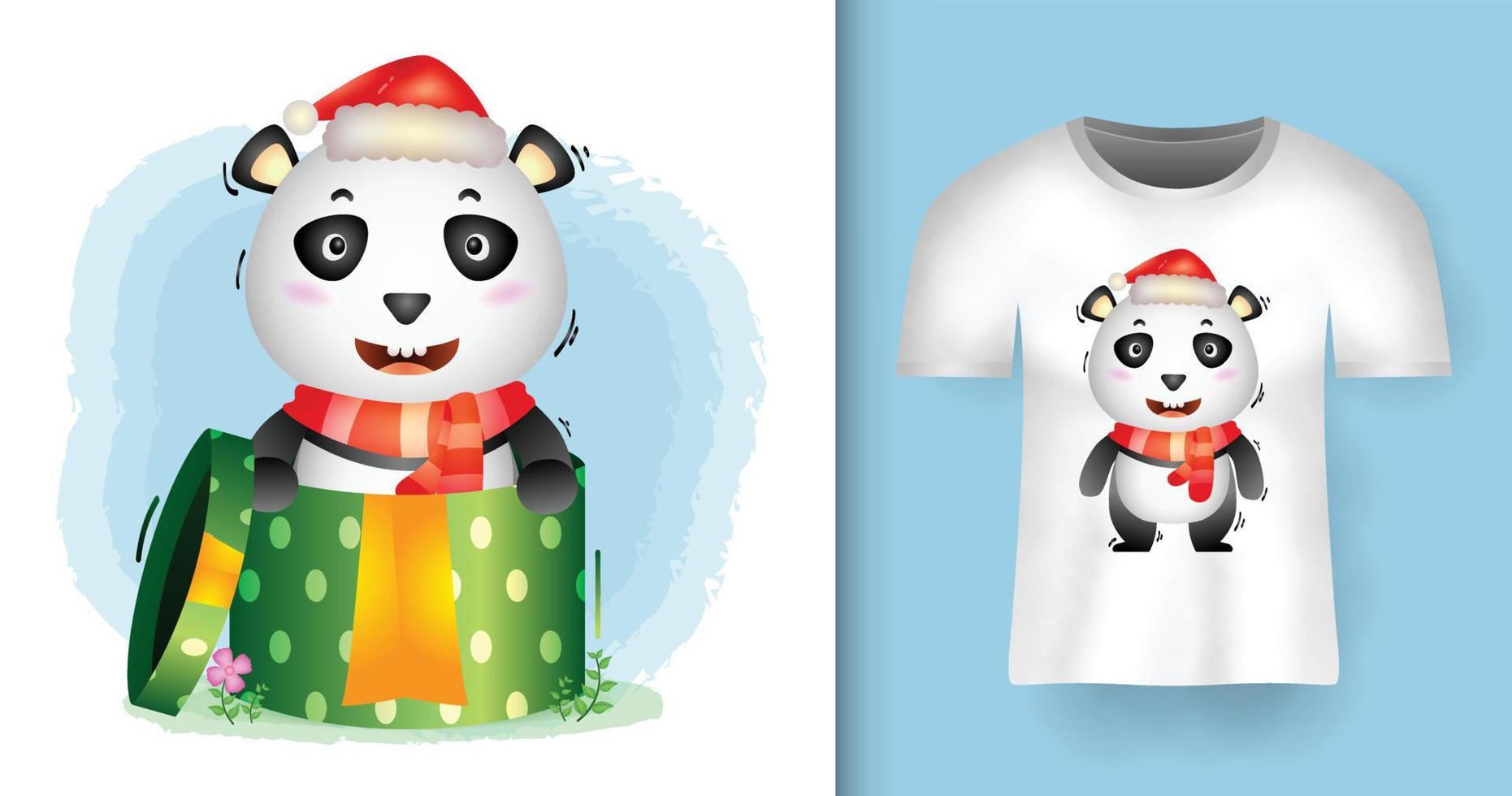 söta panda julkaraktärer med tomtemössa och halsduk i presentförpackningen med t-shirtdesign vektor