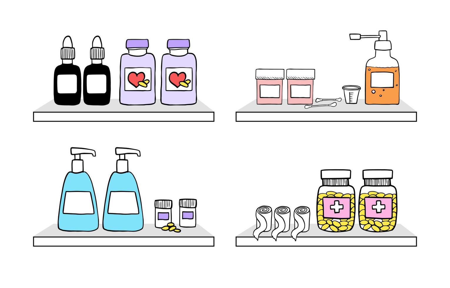 handgezogene medizinische flaschen für flüssige medikamente und pillen in den regalen. Doodle-Stil, isoliertes medizinisches Element auf weißem Hintergrund vektor