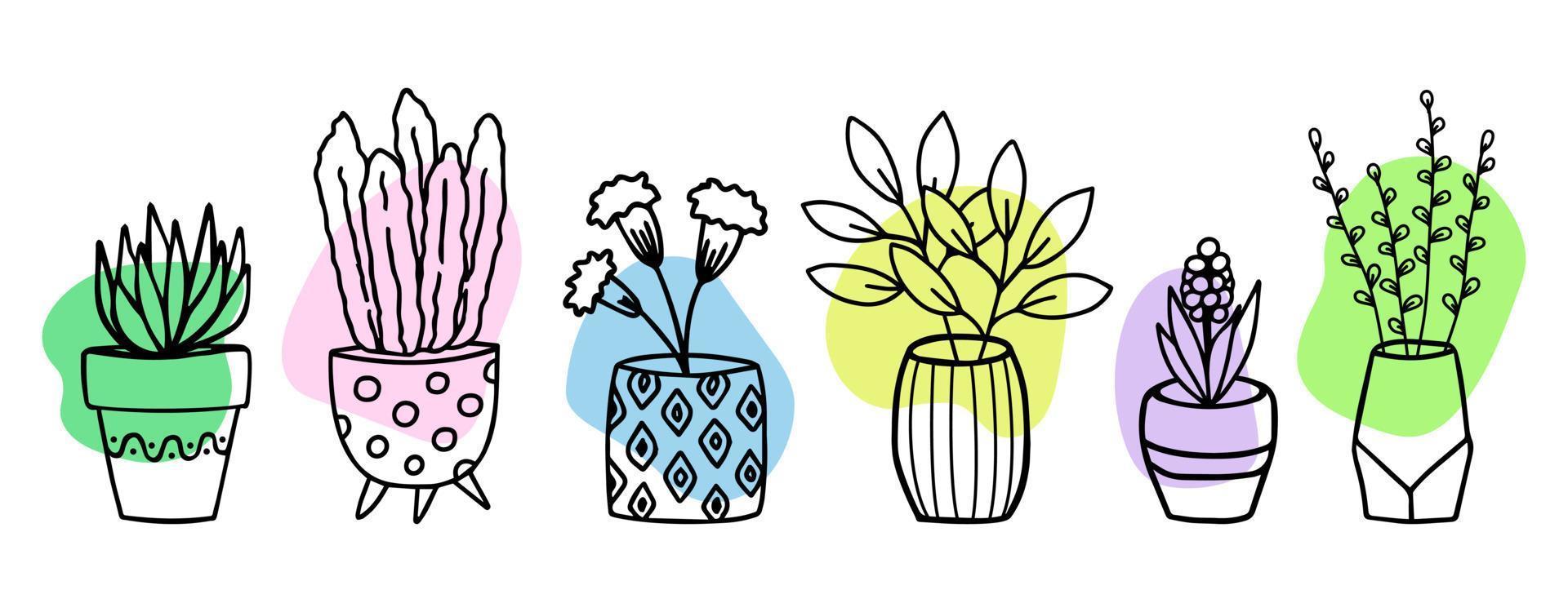 blommor i krukor och vaser doodle handritad konturskiss med färgformer. dekorativ krukväxtskiss. isolerade vektor illustration